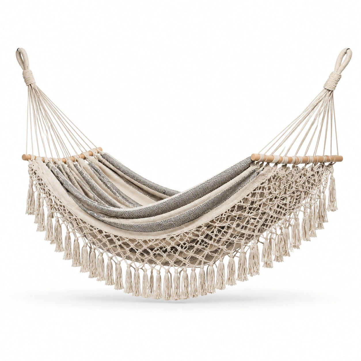 Baumwoll-Hängematte Handgeknüpft Beige Grau 300x150cm – vramelion