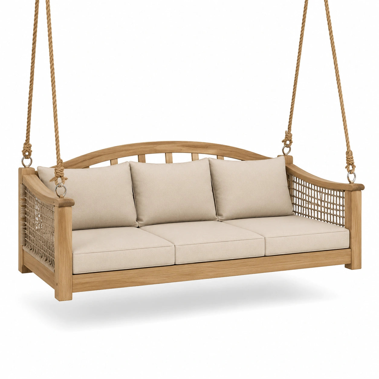 Schaukelbank aus Teakholz mit Polyesterkissen Beige 200cm