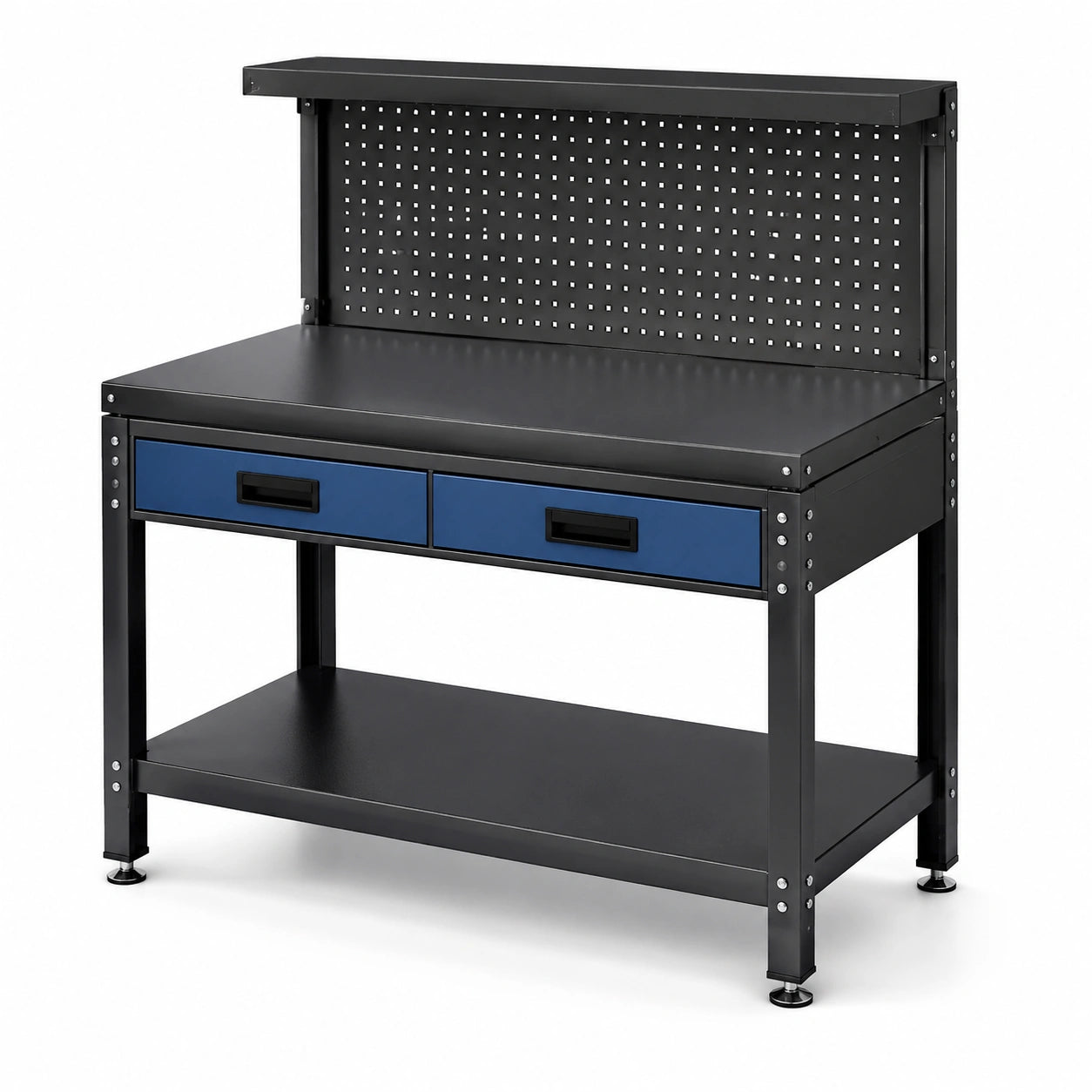 Stahl-Werkbank mit Lochwand und 2 Schubladen, Schwarz/Blau