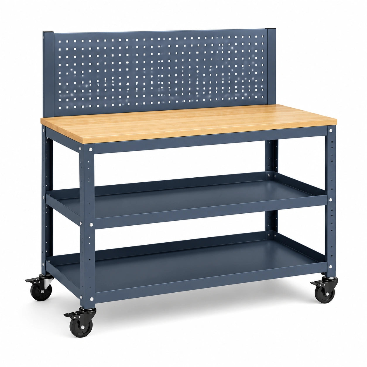 Werkbank mit Bambusplatte und Stahlrahmen, Blau