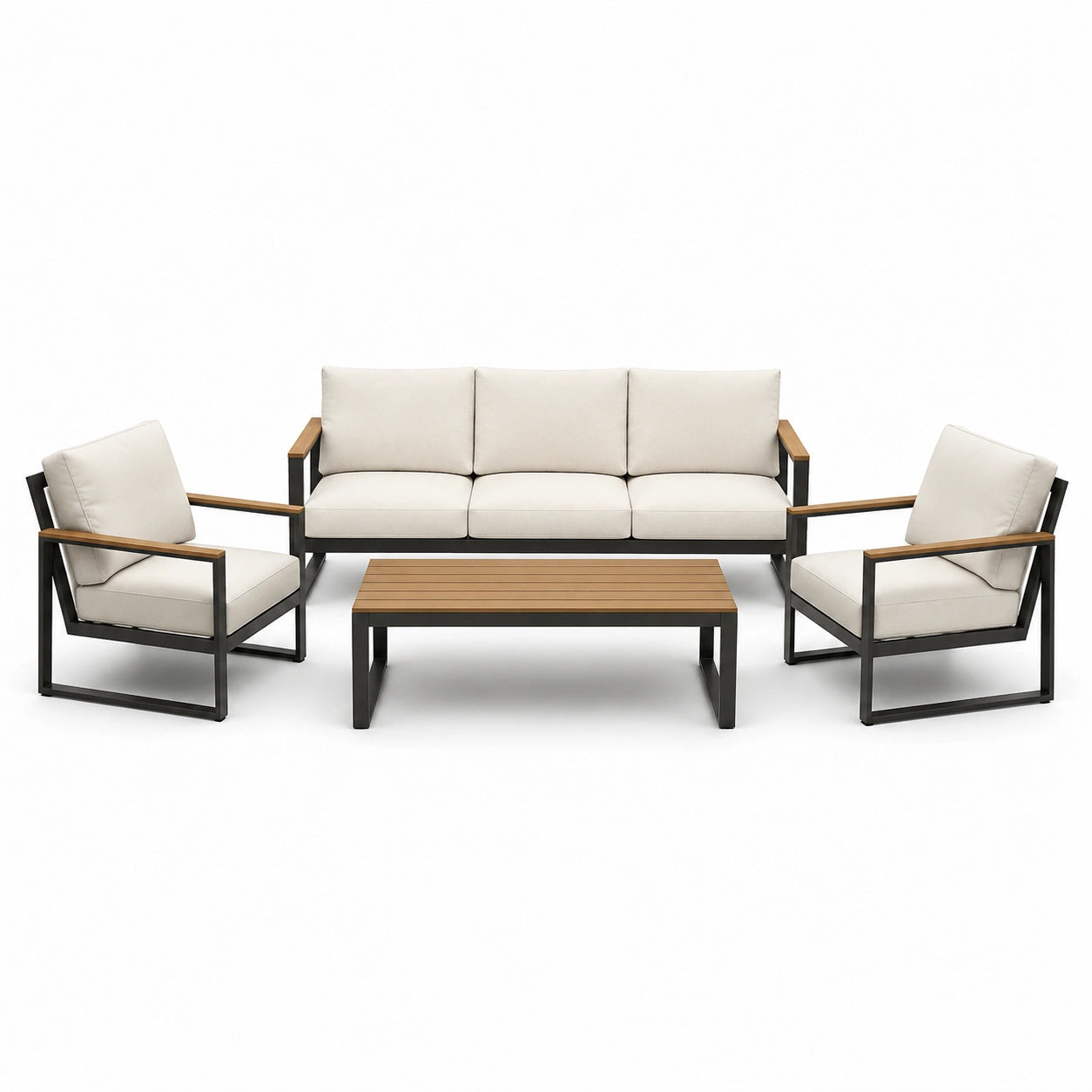 Gartenmöbelset aus Aluminium mit Teakholz und Polyesterbezügen, Beige
