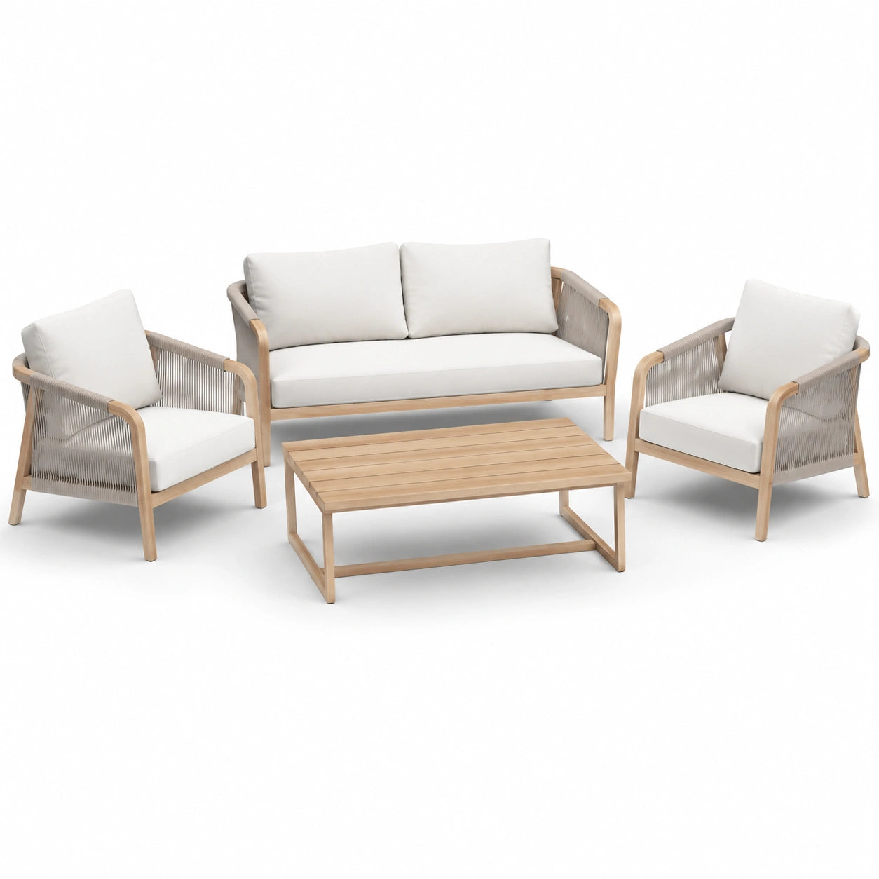 Holz Gartenmöbel-Set mit Sofa, Sesseln und Tisch, Beige