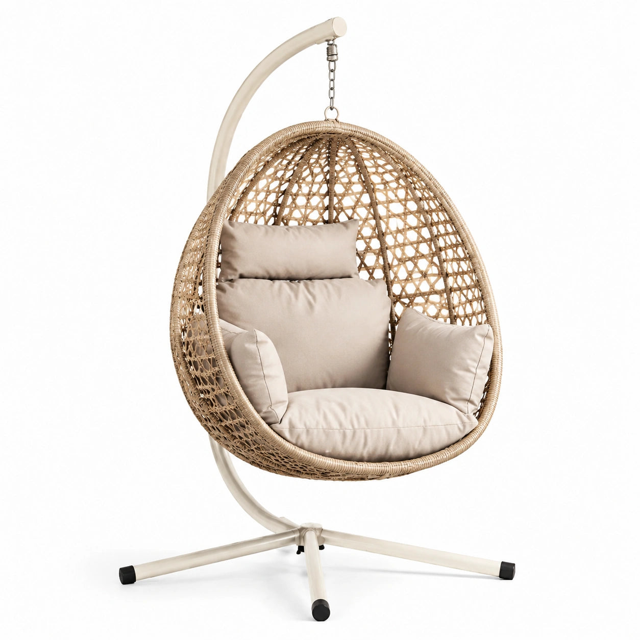 Rattan Hängesessel mit Stahlrahmen und Kissen, Beige