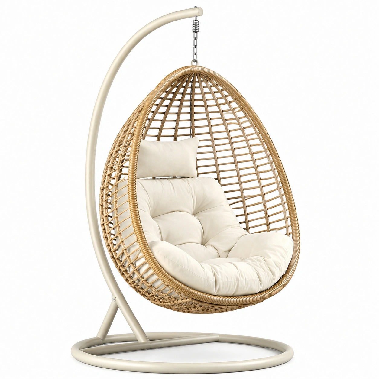 Hängesessel aus PE-Rattan mit Polyesterkissen und Stahlgestell Beige