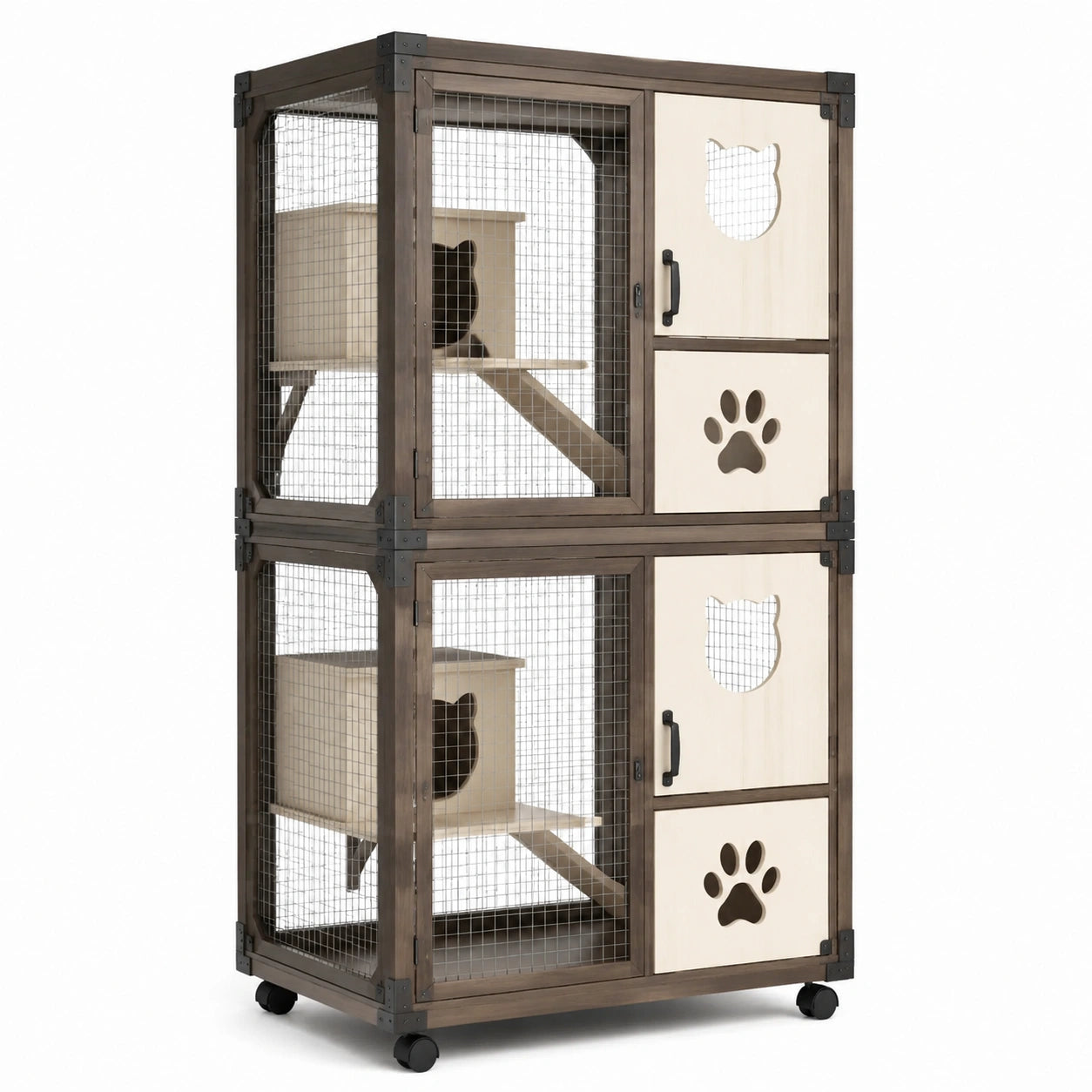 Katzengehege Zweistöckig Holz Metall Netz Braun Beige