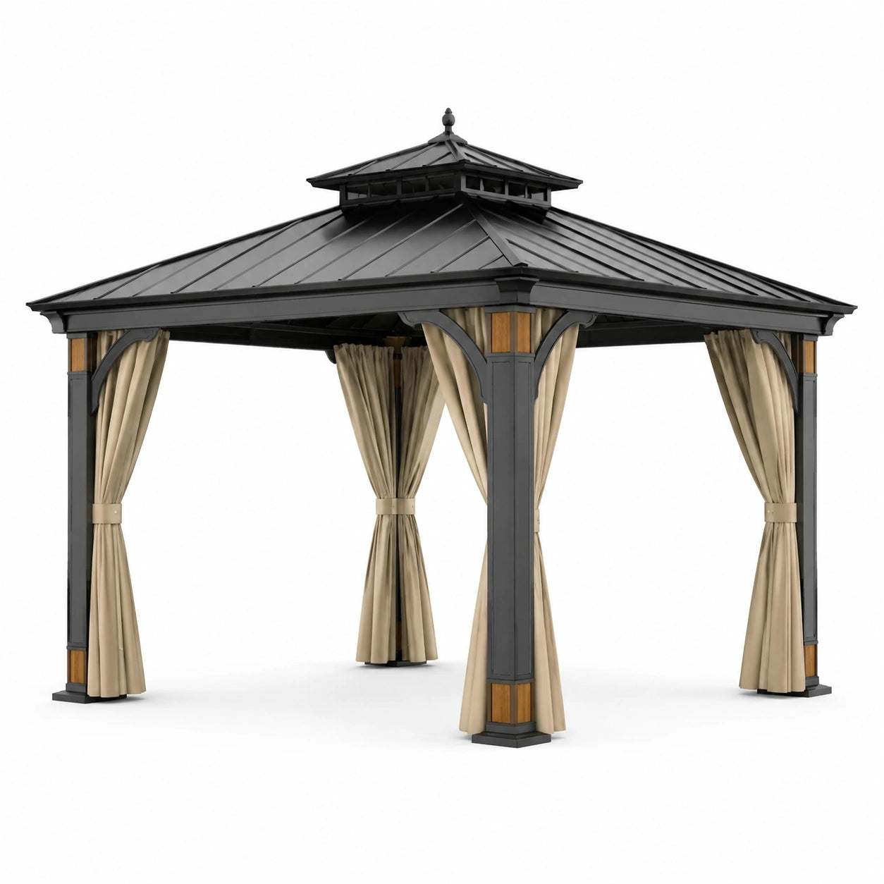 Metallpavillon mit Stahlrahmen und Polyester Vorhängen Schwarz/Beige 300x400cm